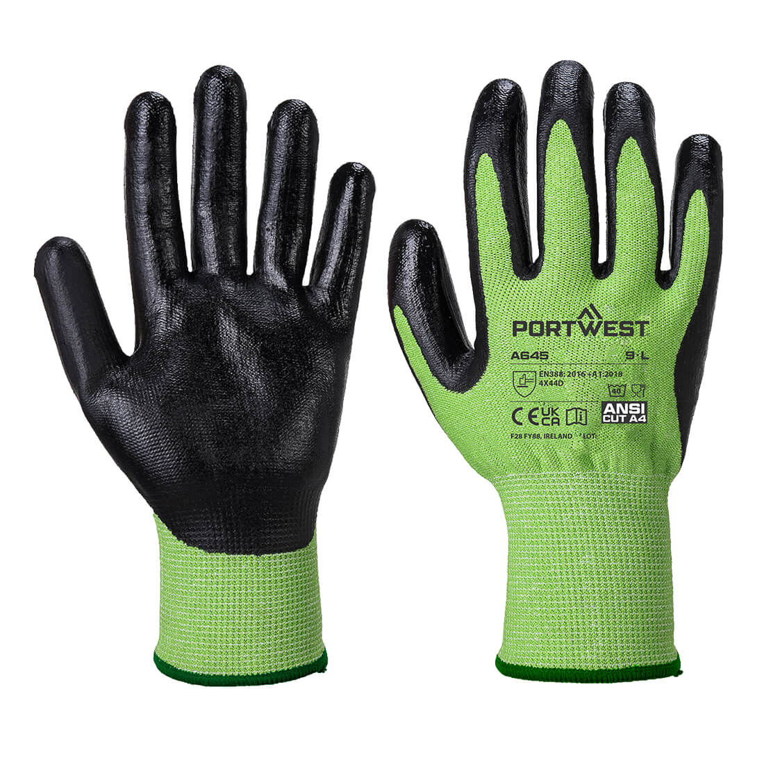 PORTWEST Green Cut Glove - Nitrile Foam Green/Black - A645