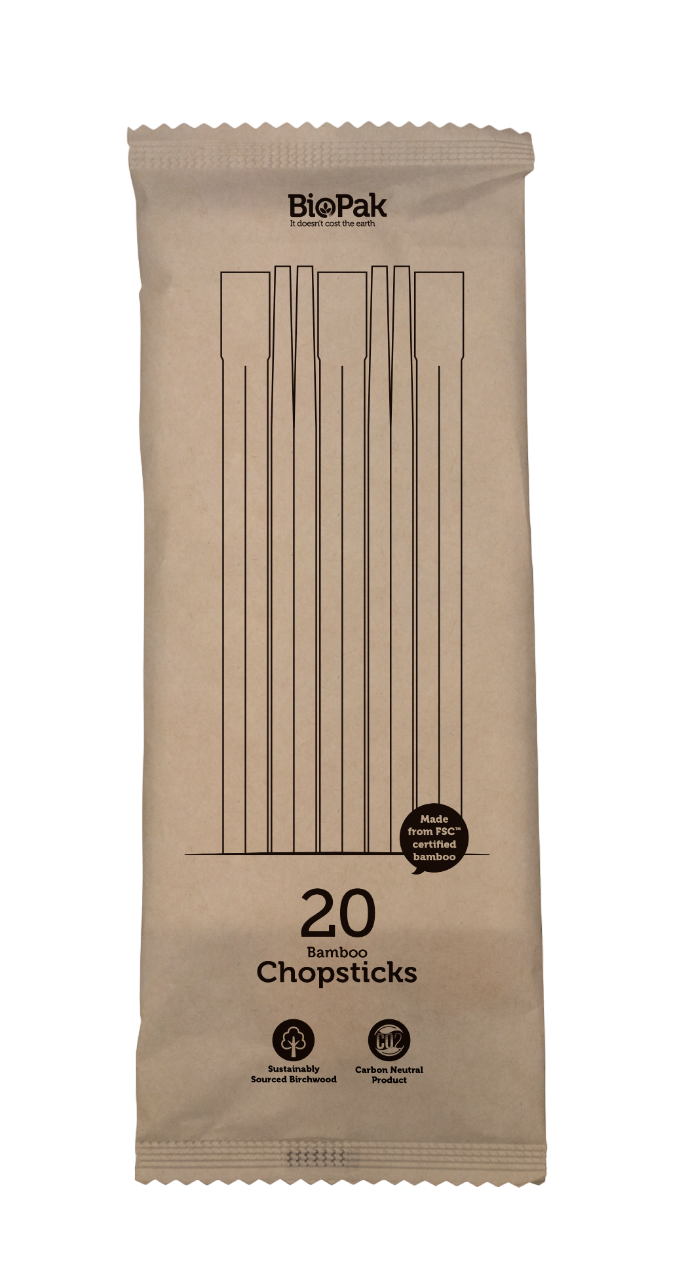 BioPak 20 Pack - 21cm Bamboo Chopsticks in Plastic Sleeve - (Carton of 200)