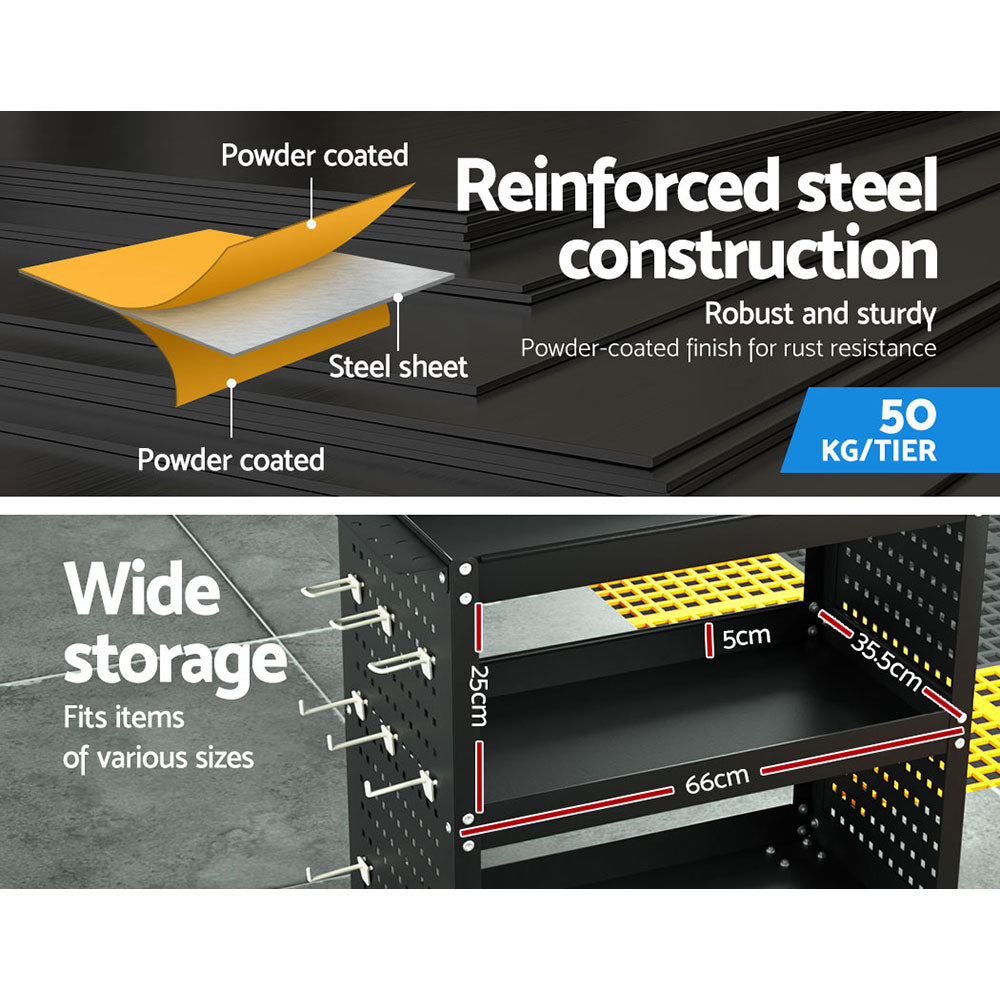 Giantz 3-Tier Tool Cart with Pegboard – Black