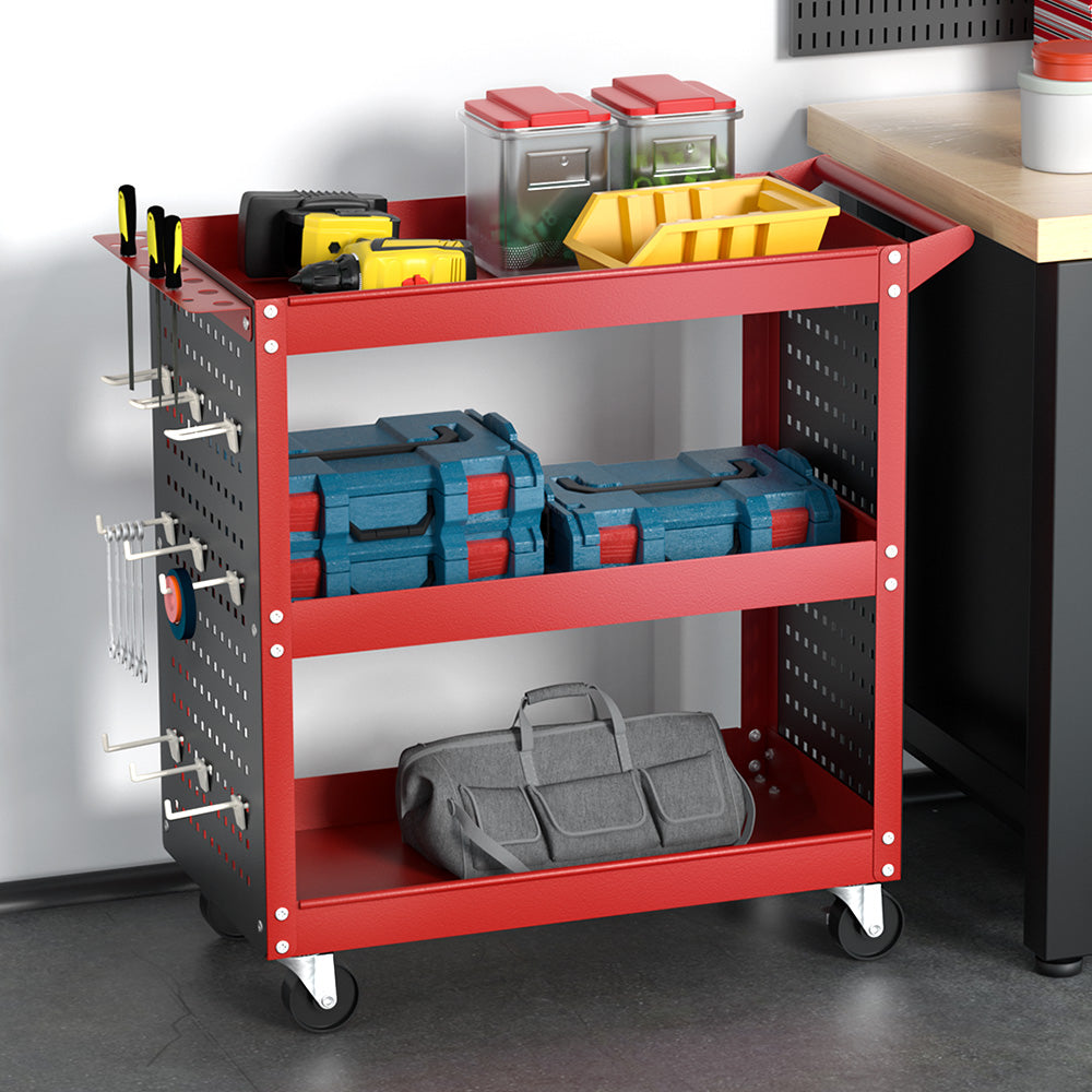 Giantz 3-Tier Tool Cart with Pegboard – Red