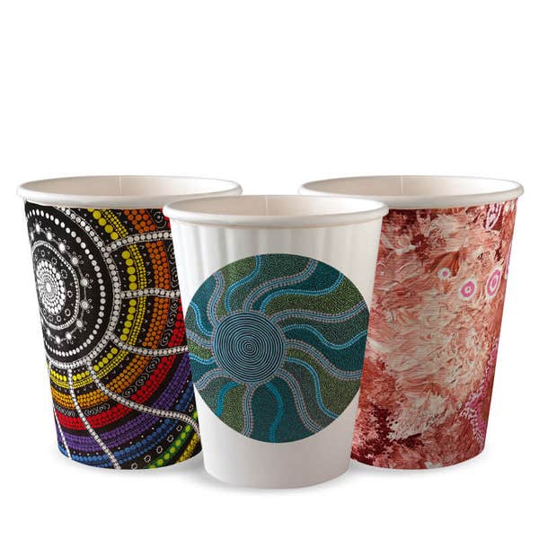 BioPak 390ml / 12oz (90mm) Indigenous Art Series Double Wall BioCup - (Pack of 1000)