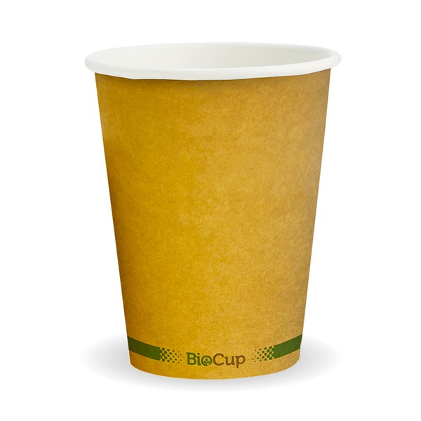 BioPak 390ml / 12oz (90mm) Kraft Green Stripe Single Wall BioCup - (Pack of 1000)