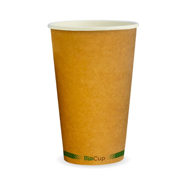BioPak 510ml / 16oz (90mm) Kraft Green Stripe Single Wall BioCup - (Pack of 1000)