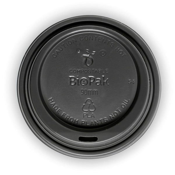 BioPak 90mm Large Black PLA BioCup Lid - (Pack of 1000)