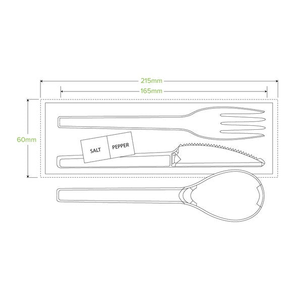 BioPak 16.5cm / 6.5" PLA Knife, Fork, Spoon, Napkin, Salt & Pepper Set - (Pack of 250)