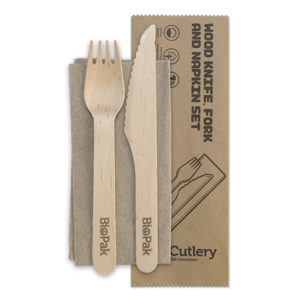 BioPak 16cm Coated Wood Knife, Fork & Napkin Set - (Pack of 400)