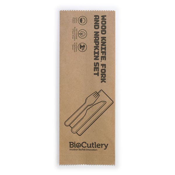 BioPak 16cm Coated Wood Knife, Fork & Napkin Set - (Pack of 400)