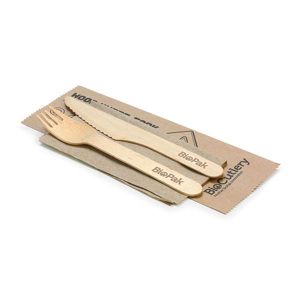 BioPak 16cm Coated Wood Knife, Fork & Napkin Set - (Pack of 400)