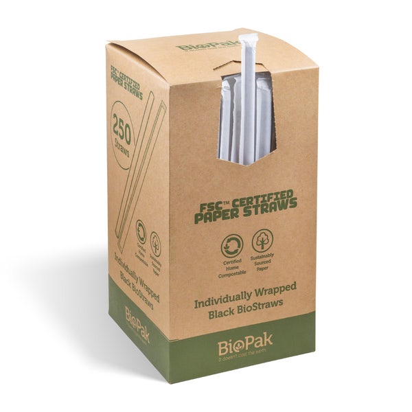 BioPak 7mm Individually Wrapped Regular Black BioStraws - (Pack of 2500)
