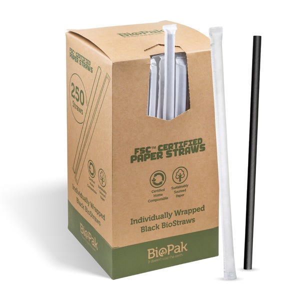 BioPak 7mm Individually Wrapped Regular Black BioStraws - (Pack of 2500)