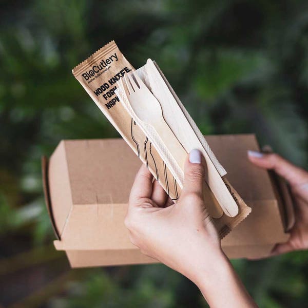 BioPak 16cm Coated Wood Knife, Fork & Napkin Set - (Pack of 400)