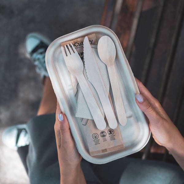 BioPak 16cm Wood Knife, Fork, Spoon & Napkin Set - (Pack of 400)