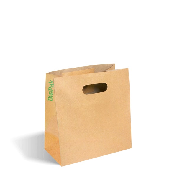 BioPak 270x145x280mm Small Die Cut Handle Kraft Paper Bags - (Pack of 250)