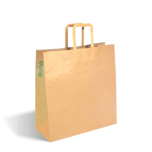 BioPak 320x140x340mm Medium Flat Handle Kraft Paper Bags - (Pack of 200)