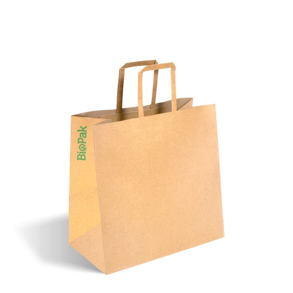 BioPak 280x150x275mm Small Flat Handle Kraft Paper Bags - (Pack of 250)