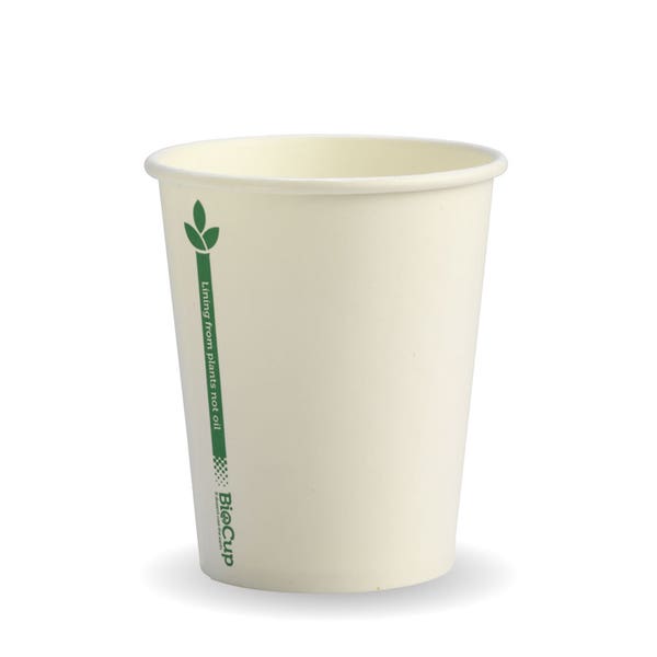 BioPak 280ml / 8oz (80mm) White Green Line Single Wall BioCup - (Pack of 1000)