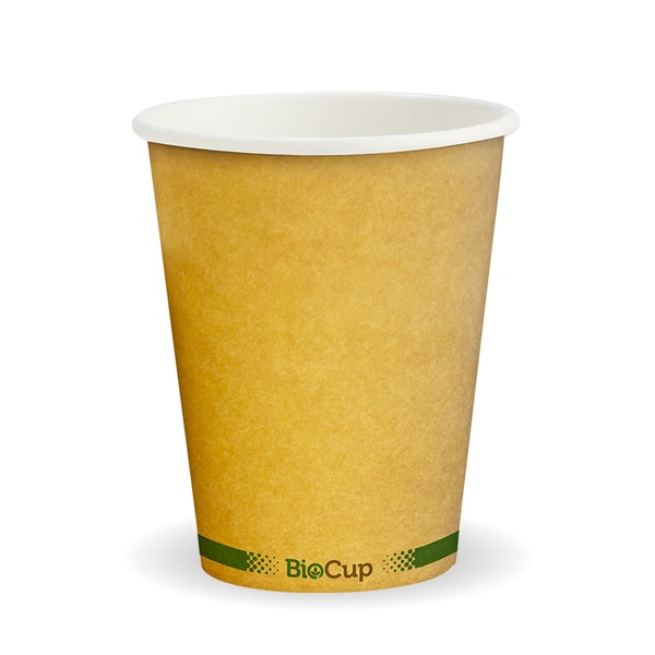 BioPak 280ml / 8oz (80mm) Kraft Green Stripe Single Wall BioCup - (Pack of 1000)