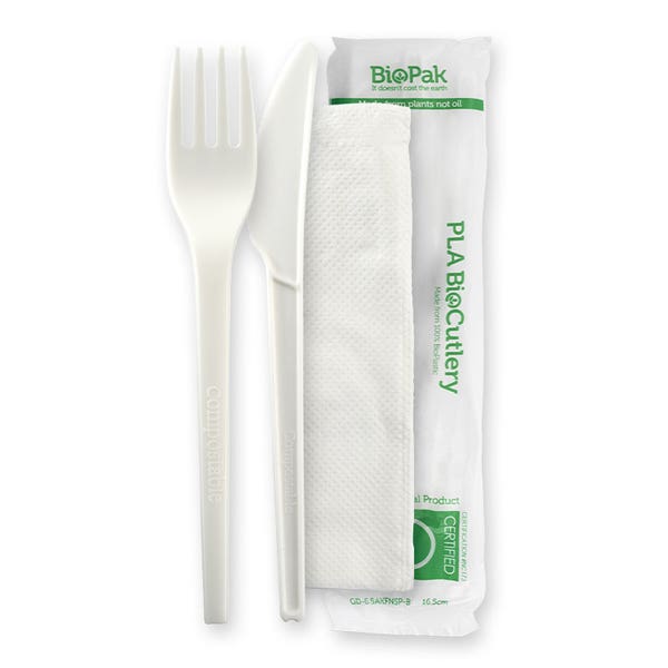 BioPak 16.5cm / 6.5" PLA Knife, Fork & Napkin Set - (Pack of 250)