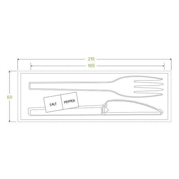 BioPak 16.5cm / 6.5" PLA Knife, Fork, Napkin, Salt & Pepper Set - (Pack of 250)