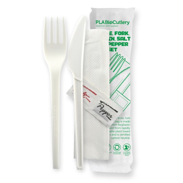 BioPak 16.5cm / 6.5" PLA Knife, Fork, Napkin, Salt & Pepper Set - (Pack of 250)