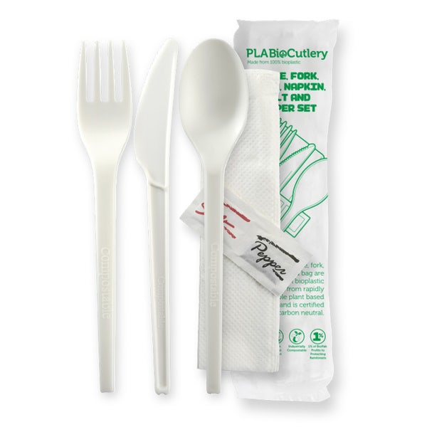 BioPak 16.5cm / 6.5" PLA Knife, Fork, Spoon, Napkin, Salt & Pepper Set - (Pack of 250)