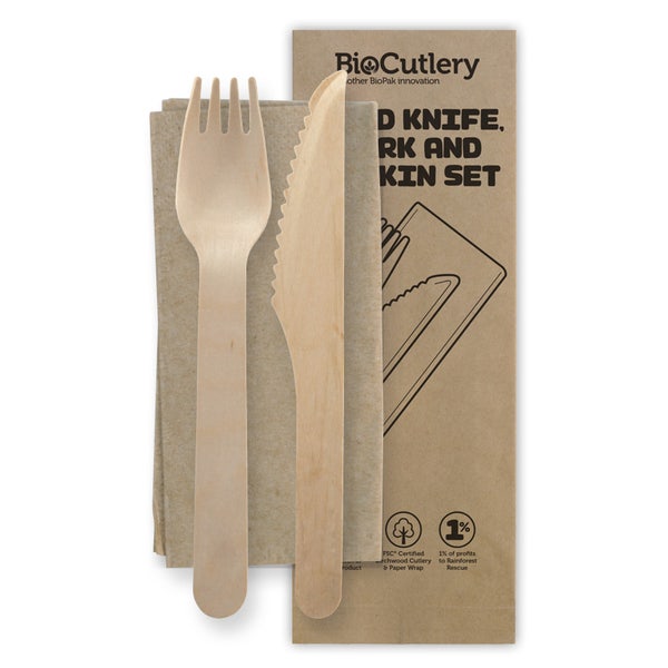 BioPak 16cm Wood Knife, Fork & Napkin Set - (Pack of 400)