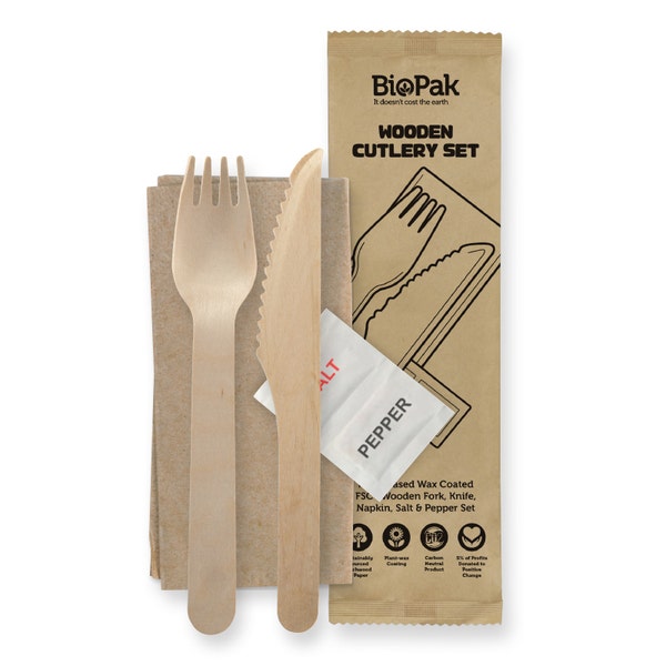 BioPak 16cm Wood Knife, Fork, Napkin, Salt & Pepper set - (Pack of 400)