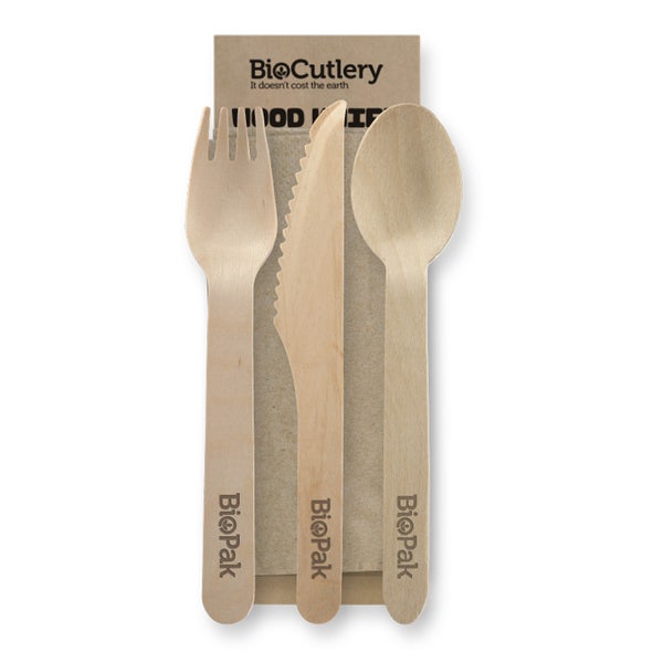 BioPak 16cm Wood Knife, Fork, Spoon & Napkin Set - (Pack of 400)