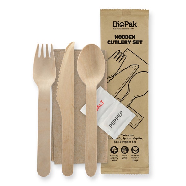 BioPak 16cm Wood Knife, Fork, Spoon, Napkin, Salt & Pepper set - (Pack of 400)