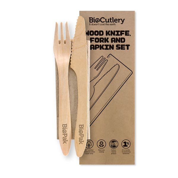 BioPak 19cm Coated Wood Knife, Fork & Napkin Set - (Pack of 400)