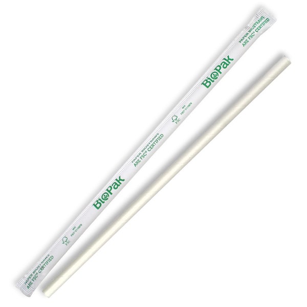 BioPak 6mm Individually Wrapped Regular White BioStraws - (Pack of 2500)