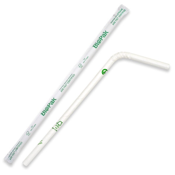 BioPak 6mm Individually Wrapped White Bendy Straw - (Pack of 2500)