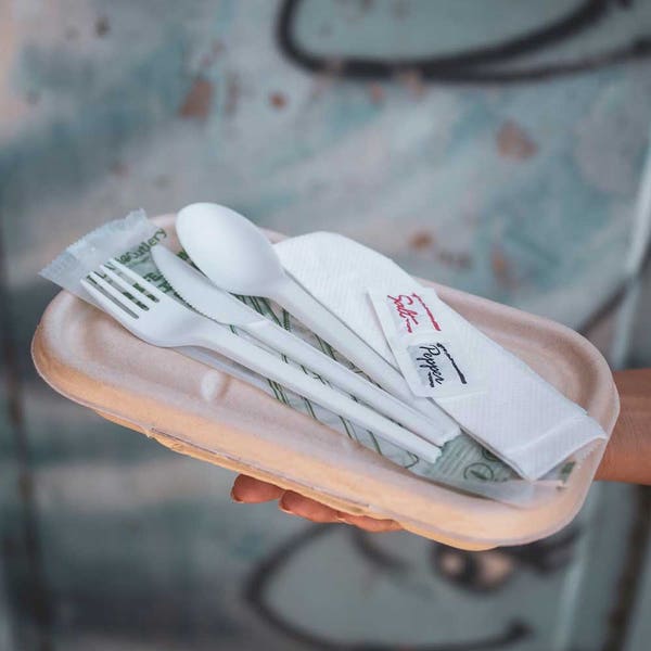 BioPak 16.5cm / 6.5" PLA Knife, Fork, Spoon, Napkin, Salt & Pepper Set - (Pack of 250)