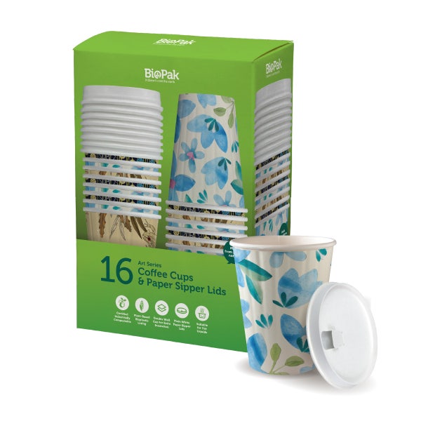 BioPak 16 Pack - 390ml / 12oz Double Wall BioCup & Paper Lid - (Carton of 48)