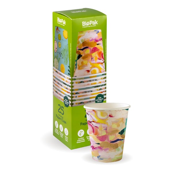 BioPak 25 Pack - 295ml / 8oz (90mm) Art Series Single Wall BioCup - (Carton of 100)