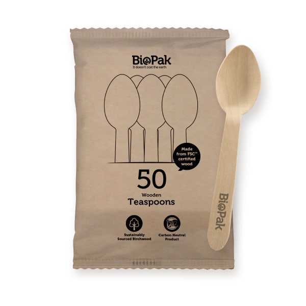 BioPak 50 Pack - 16cm Wooden Teaspoon - (Carton of 800)