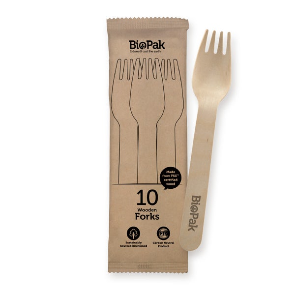 BioPak 10 Pack - 16cm Wooden Fork In Paper Sleeves - (Carton of 200)