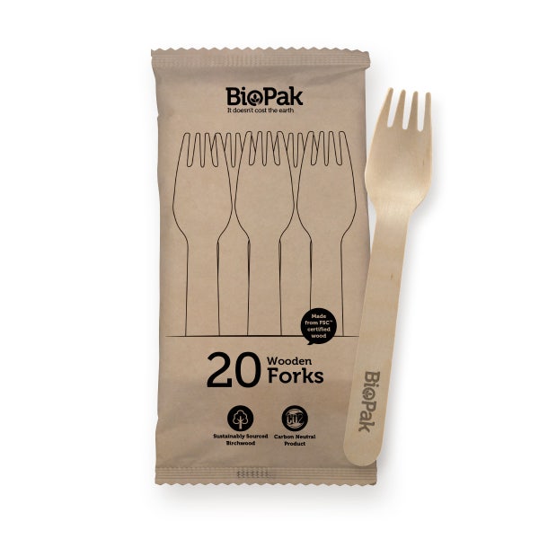 BioPak 20 Pack - 16cm Wooden Fork In Paper Sleeves - (Carton of 400)