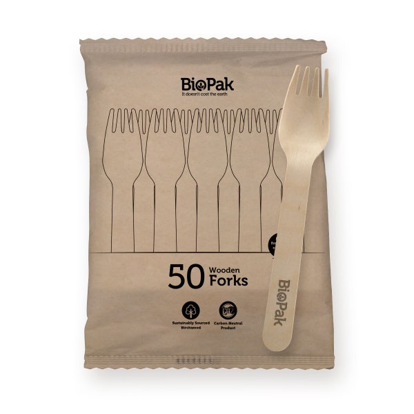 BioPak 50 Pack - 16cm Wooden Fork In Paper Sleeves - (Carton of 1000)