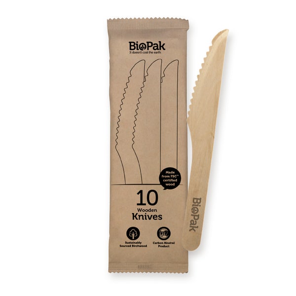 BioPak 10 Pack - 16cm Wooden Knife In Paper Sleeves - (Carton of 320)