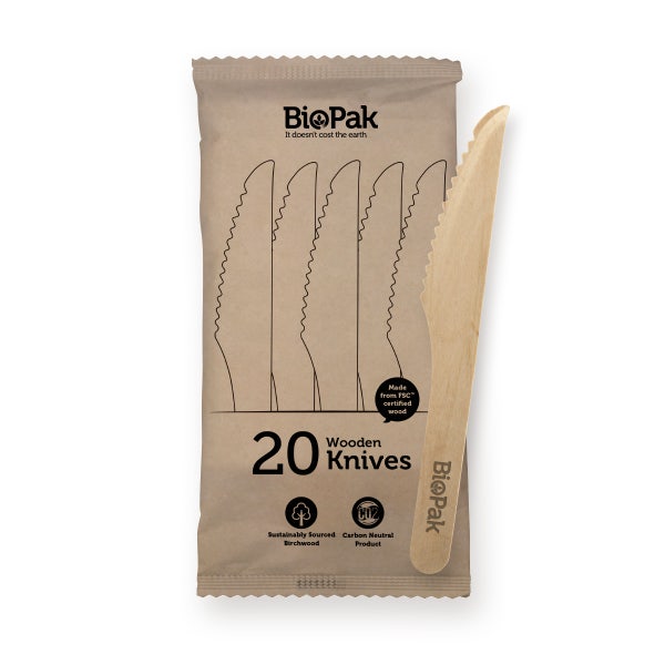 BioPak 25 Pack - 16cm Wooden Knife In Paper Sleeves - (Carton of 640)