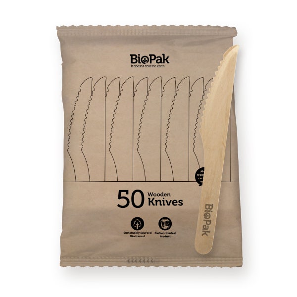 BioPak 50 Pack - 16cm Wooden Knife In Paper Sleeves - (Carton of 1600)