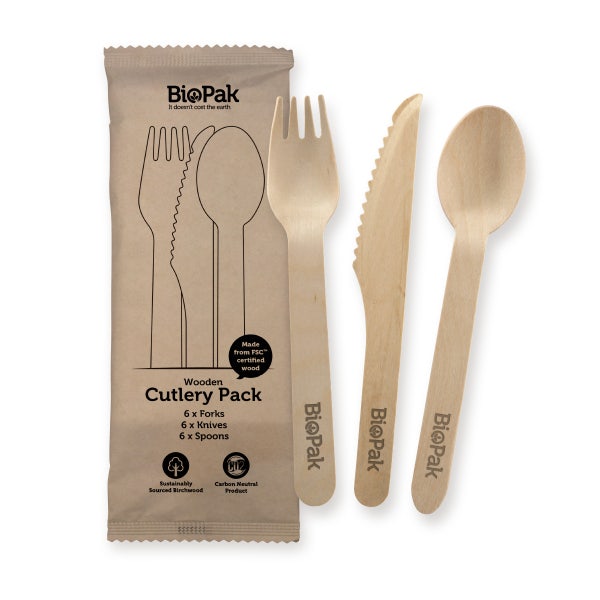 BioPak 18 Pack - 16cm Wooden Knife, Fork & Spoon - (Carton of 360)