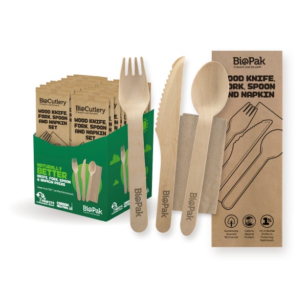 BioPak 16cm FSC™ Wood Fork, Knife, Spoon & Napkin Sets - (Carton of 280)