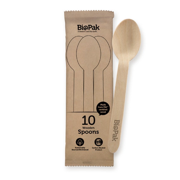 BioPak 10 Pack - 16cm Wooden Spoon In Paper Sleeves - (Carton of 200)