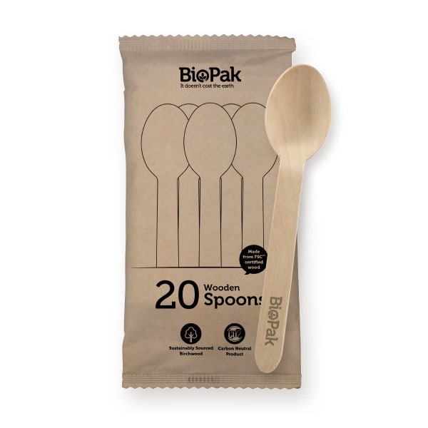 BioPak 20 Pack - 16cm Wooden Spoon In Paper Sleeves - (Carton of 400)