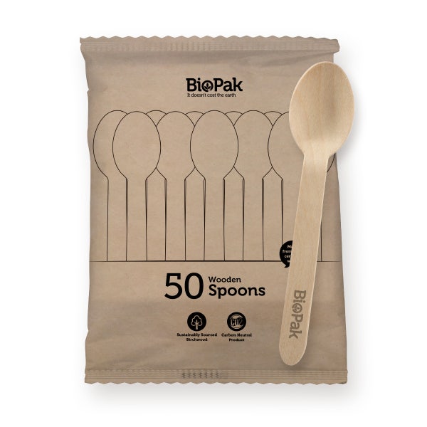 BioPak 50 Pack - 16cm Wooden Spoon In Paper Sleeves - (Carton of 1000)