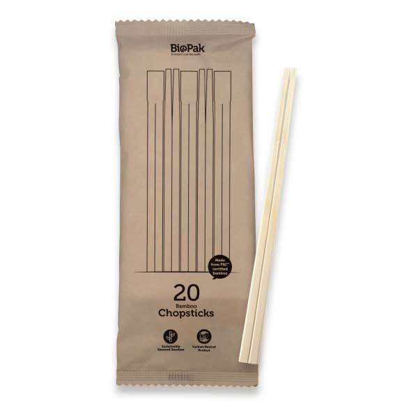 BioPak 20 Pack - 21cm Bamboo Chopsticks in Paper Sleeve - (Carton of 160)