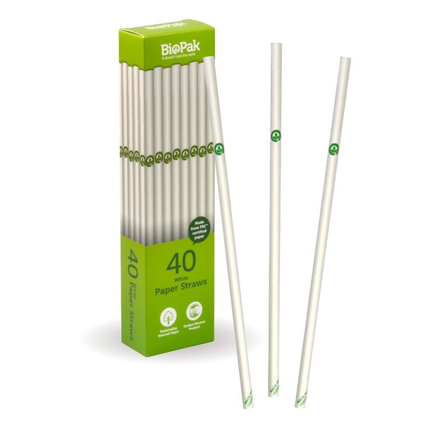 BioPak 40 Pack - 6mm White Regular BioStraw - (Carton of 560)