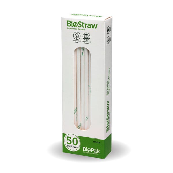 BioPak 50 Pack - 6mm White Regular Straws - (Carton of 1200)